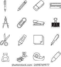 Uma coleção de ilustrações desenhadas à mão representando vários itens de papelaria comuns usados para escrever, desenhar e organizar.