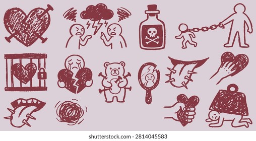 A collection of hand-drawn illustrations depicting various forms of emotional pain, abuse, and mental distress, including broken hearts, conflict, and imprisonment.