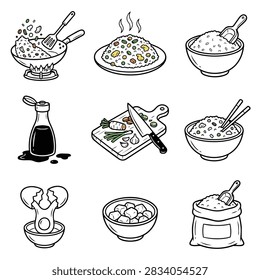 A collection of hand-drawn illustrations depicting various food items and cooking elements including rice, eggs, and utensils.