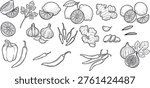 A collection of hand-drawn illustrations featuring fresh ingredients like limes, garlic, chilies, ginger, bell pepper, and figs. This graphic element is ideal for culinary blogs, recipe books, restaurant menus, or food-related marketing.