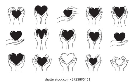 Colección de ilustraciones dibujadas a mano con las manos sosteniendo suavemente los corazones, simbolizando el amor, el cuidado y la Asistencia. Perfecto para diseños relacionados con la caridad, la salud y el afecto.