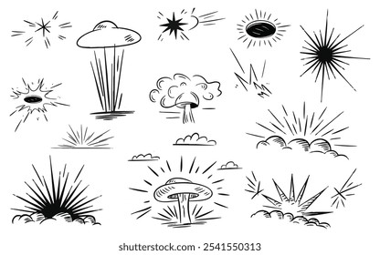 Uma coleção de ilustrações desenhadas à mão com vários efeitos de explosão, incluindo uma explosão nuclear, uma greve de meteoros e uma estrela brilhante.