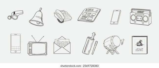 Collection of hand-drawn illustrations featuring various communication and entertainment devices; ideal for educational, artistic, or nostalgic contexts. Includes phones, radios, televisions