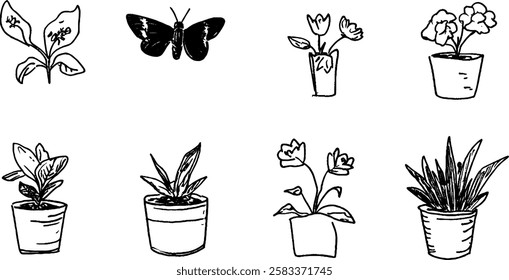 A collection of hand-drawn illustrations featuring various plants and a butterfly. The images include potted plants, flowers, and a butterfly, all in a simple, sketchy style.