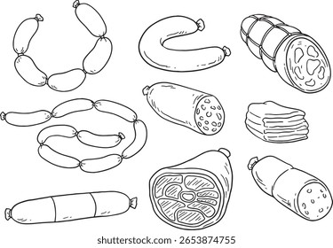 Uma coleção de ilustrações desenhadas à mão apresentando vários deliciosos produtos de carne, como salsichas, presunto e salame. Perfeito para designs, menus ou temas culinários relacionados à comida.