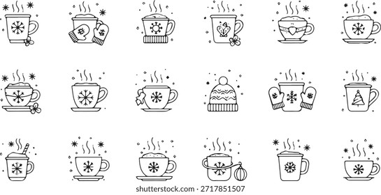 Una colección de ilustraciones dibujadas a mano con varias tazas y tazas llenas de bebidas calientes humeantes, adornadas con patrones de copos de nieve y Elementos de temática invernal, perfectas para el diseño acogedor de la temporada.