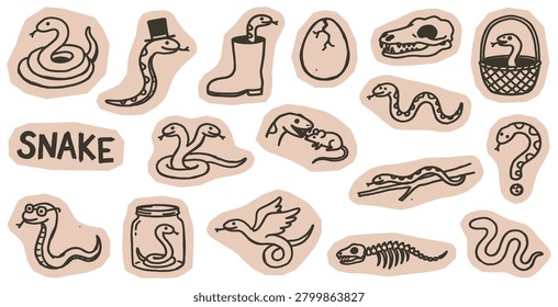A collection of hand-drawn illustrations featuring various depictions of snakes, including a snake in a hat, a snake in a boot, a snake skeleton, and a snake hatching from an egg.