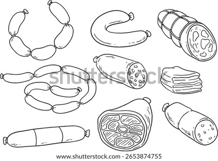 A collection of hand-drawn illustrations featuring various delicious meat products like sausages, ham, and salami. Perfect for food-related designs, menus, or culinary themes.