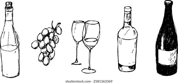 A collection of hand-drawn illustrations featuring a wine bottle, a bunch of grapes, two wine glasses, and another wine bottle. The style is sketchy and artistic 