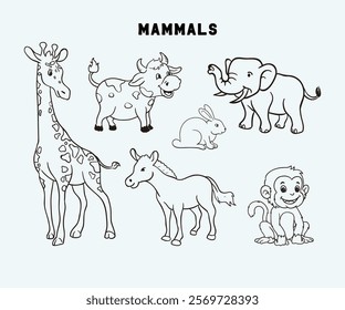 A collection of hand-drawn illustrations of mammals, showcasing unique features of popular animals like giraffes and rabbits, demonstrated in a playful cartoon style on a light background.