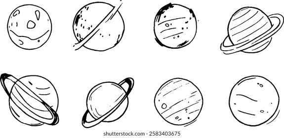 A collection of hand-drawn illustrations of planets, featuring various designs including rings and textures, arranged in a grid format.