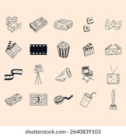 Collection of hand-drawn illustrations representing different elements commonly associated with the -going experience, such as cameras,  reels, popcorn,  tickets, and awards.  