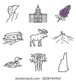 A collection of hand-drawn illustrations representing iconic New Hampshire state symbols and landmarks.