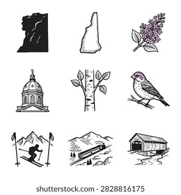 A collection of hand-drawn illustrations representing New Hampshire state symbols including Old Man of the Mountain, state outline, lilac, capitol building, birch tree, finch, skiing, train, and cove.