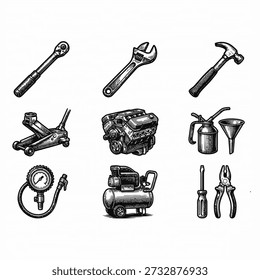 A collection of hand-drawn illustrations showcasing various essential mechanical and automotive repair tools, including wrenches, a hammer, a car engine, an air compressor, and a tire pressure gauge.