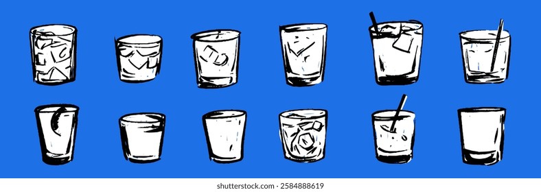 A collection of hand-drawn illustrations of various drink glasses, some with ice, others empty or filled with liquid, showcasing different shapes and styles.