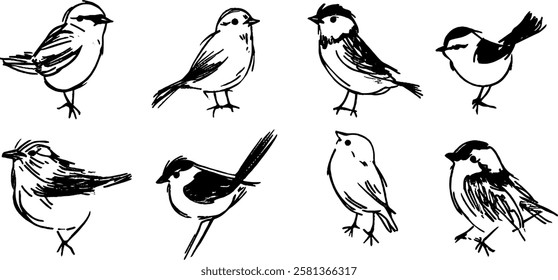 A collection of hand-drawn illustrations of various small birds. The birds are depicted in a simplistic, artistic manner with black outlines on a white background.