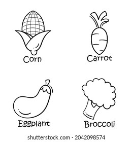 a collection of hand-drawn illustrations with a vegetable theme, consisting of corn, carrots, eggplant and broccoli in bright and fresh colors