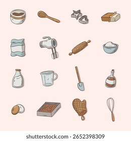 Collection of hand-drawn images representing various baking ingredients and tools, in a cartoon style, suitable for use in baking-themed designs, or food-related illustrations. 