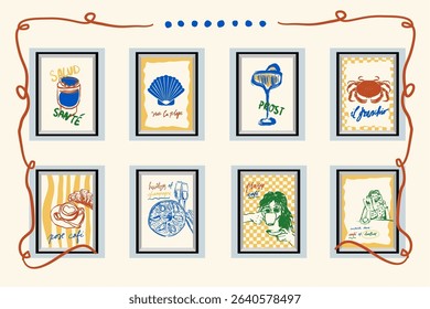 Collection of hand-drawn ink illustrations features various food and drink themes, perfect for cafe or restaurant decor, menu designs, and culinary art projects. Vector illustration