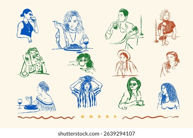 A collection of hand-drawn ink illustrations of people in everyday scenes, perfect for advertising, editorial content, social media, print and design. Vector illustration
