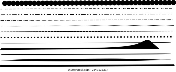 Colección de líneas de tinta dibujadas a mano, trazos y bordes en varios espesores. Perfecto para el diseño artístico, efectos de boceto y proyectos digitales creativos.