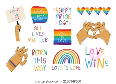 A collection of hand-drawn inscriptions about the LGBT movement. A set of stickers - love is love, love has no gender, love will win. Unique elements of vector design. Quotes and concepts of the LGBT.