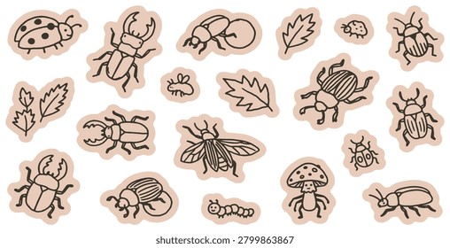 A collection of hand-drawn insect illustrations, including beetles, ladybugs, caterpillars, and a mushroom, presented as individual stickers on a light background.