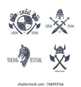 Collection of handdrawn isolated emblems with viking symbols.  Unique vector illustration can be used as design concept for bar menu, posters, t-shirts, banners, flayers.