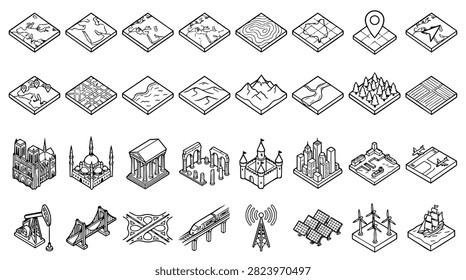 A collection of hand-drawn isometric icons depicting diverse geographical features, buildings, and infrastructure elements.