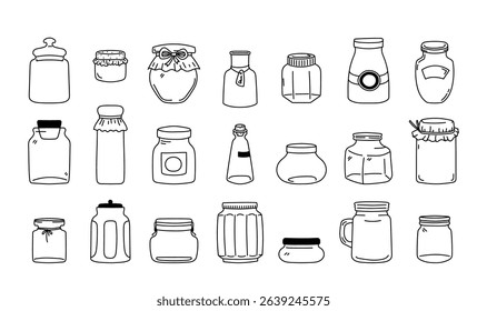 Collection of hand-drawn jars kitchen utensils for storage canning food preserves isolated on white background. Bottles, glasses, packaging for products, seasoning, jam dessert vector illustration