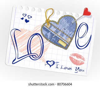 collection of hand-drawn and jeans hearts in a piece of paper. Vector doodles on lined paper. Love Sketchy illustration