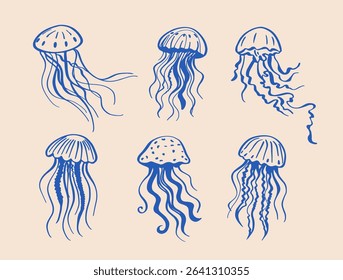 Collection of hand-drawn jellyfish in various shapes and tentacle styles in blue line art on beige background