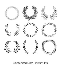 Collection of handdrawn laurels and wreaths. Floral wreath with copyspace for your text. Save the date, wedding or invitation card design element. Valentineâ??s card design template.
