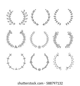 Collection of handdrawn laurels and wreaths. Floral wreath with copyspace for your text. Save the date, wedding or invitation card design element. Vector illustration isolated on white background. 