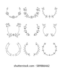 Collection of handdrawn laurels and wreaths. Floral wreath with copyspace for your text. Save the date, wedding or invitation card design element. Vector illustration isolated on white background.