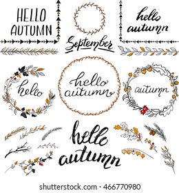 Collection of the hand-drawn lettering with different decorative elements: branches, wreaths, ornaments, patterns, borders, frames. Text "Hello autumn", "September" on the white background. Line art