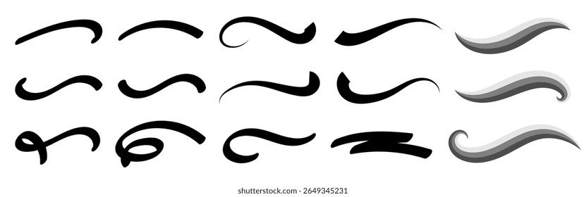 Collection of hand-drawn lettering underlines. Vector stroke elements for design accents and highlights. Set of decorative underline lines.