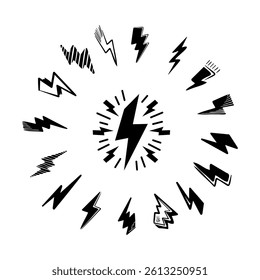 Collection of hand-drawn lightning bolt designs and symbols.