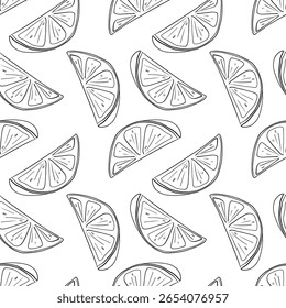 Uma coleção de fatias de cal desenhadas à mão dispostas em um padrão sem costura em um fundo branco limpo, perfeito para várias aplicações de design gráfico e fins decorativos.