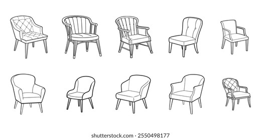 Coleção de ícones de cadeira de arte desenhada à mão em vetor.