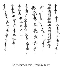 A collection of hand-drawn line art depicting hanging leaves, with elegant details and organic flow, perfect for adding a natural touch to any design.
