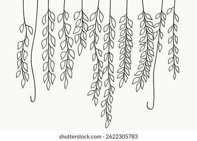 A collection of hand-drawn line art illustrations of hanging plants.