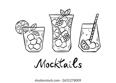 Collection of hand-drawn line sketches with different types of mocktails isolated on white background. Vector set of party drinks with citrus, straw and ice for logo, menu, or web banner.