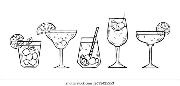 Collection of hand-drawn line sketches with different types of mocktails isolated on white background. Illustration set of party drinks with for logo, sticker, menu, or web banner.