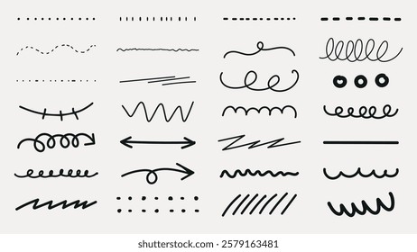A collection of hand-drawn lines and squiggles. Includes arrows, spirals, and zigzags. Black lines on a white background. Decorative and varied line styles. Black hand drawn elements, vector set.
