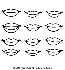 Sammlung handgezeichneter Lippenillustrationen. Satz von weiblichen Lippen, stylische Lippe schwarz-weiß Designs, Lippenkonturen in verschiedenen Formen und Stilen. 