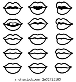 Collection of hand-drawn lips illustrations. Set of female lips, stylish lip black and white designs, lip outlines in various shapes and styles. 