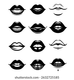 Colección de ilustraciones de labios dibujados a mano. Conjunto de labios femeninos, diseños elegantes de labios en blanco y negro, contornos de labios en varias Formas y estilos. 