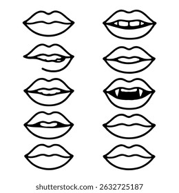 Collection of hand-drawn lips illustrations. Set of female lips, stylish lip black and white designs, lip outlines in various shapes and styles. 